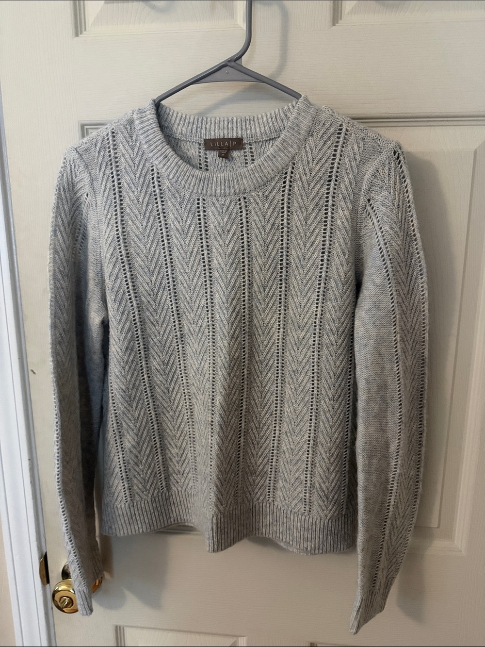 Lilla P Light Gray Chevron Open-Stitch Crewneck Sweater